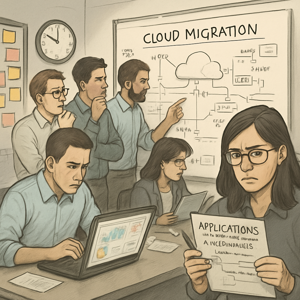 IT team planning cloud migration strategy with architecture diagrams and infrastructure flowcharts on whiteboard