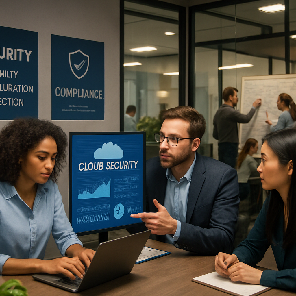 Business professionals discussing cloud security and compliance in office meeting with laptop showing cloud security dashboard