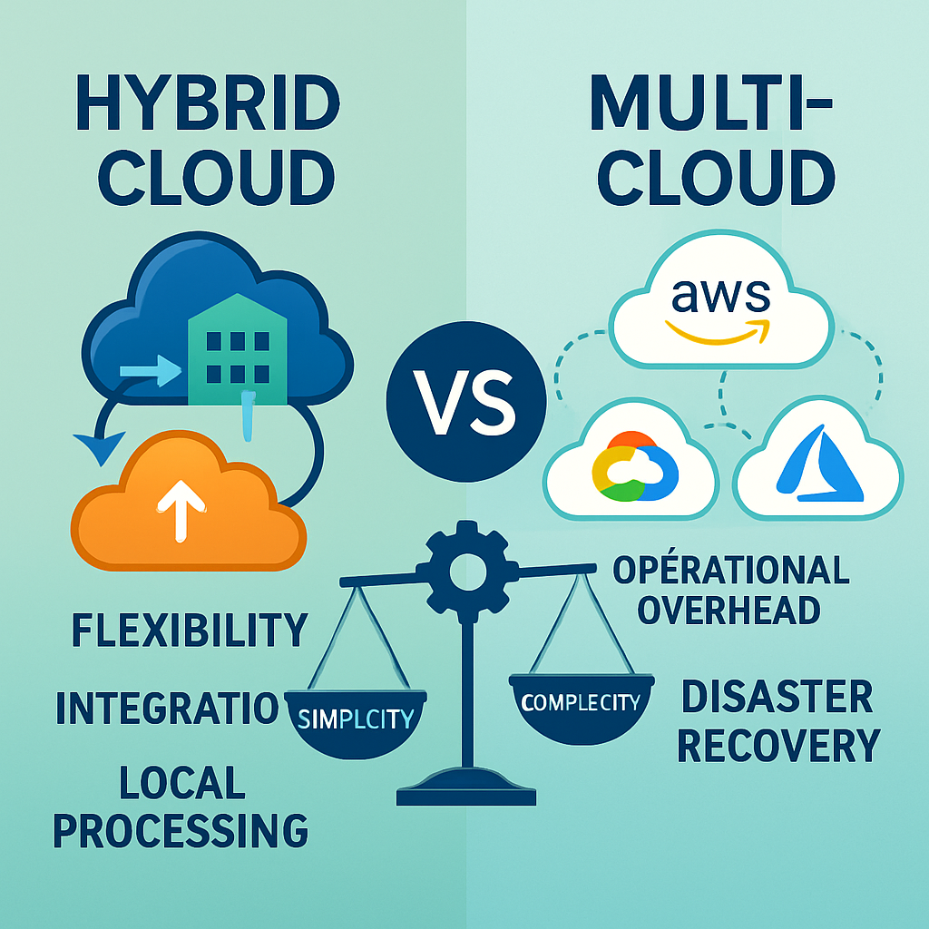 Infographic comparing hybrid cloud versus multi-cloud strategies, showing flexibility and integration benefits on one side and operational overhead with AWS, Google Cloud, and Azure logos on the other