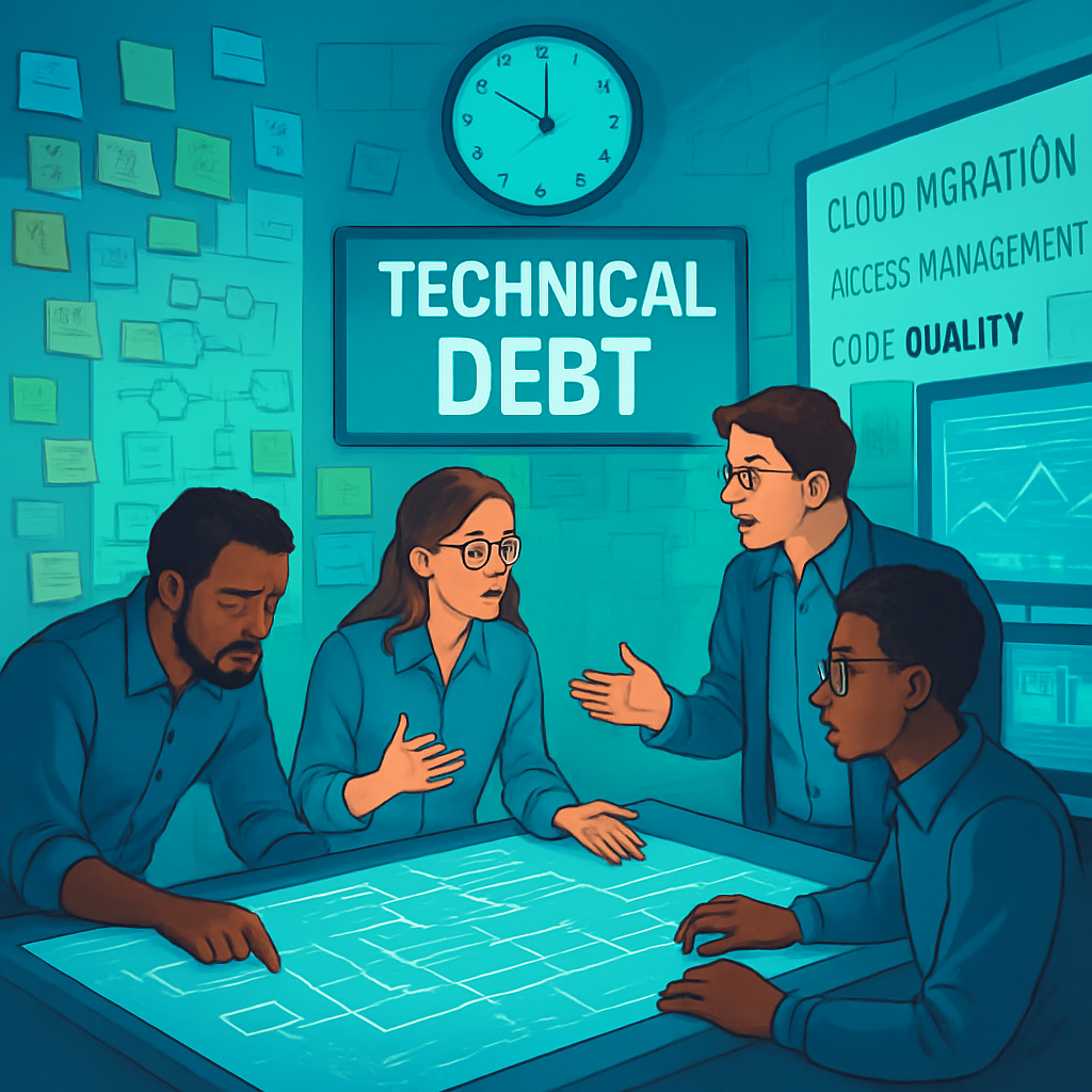 Development team discussing technical debt and code quality issues in a meeting with sticky notes and workflow diagrams on the wall