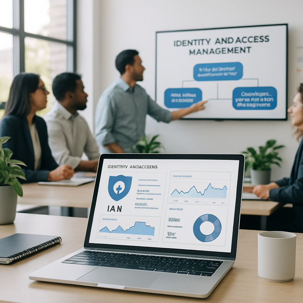 Business team in meeting discussing identity and access management with IAM security dashboard on laptop screen and presentation slides in background