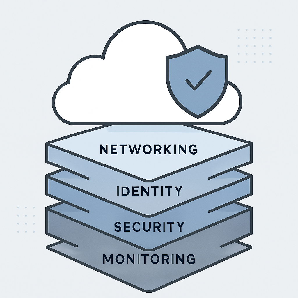 a clean modern illustration representing a secure cloud foundation and core platform setup